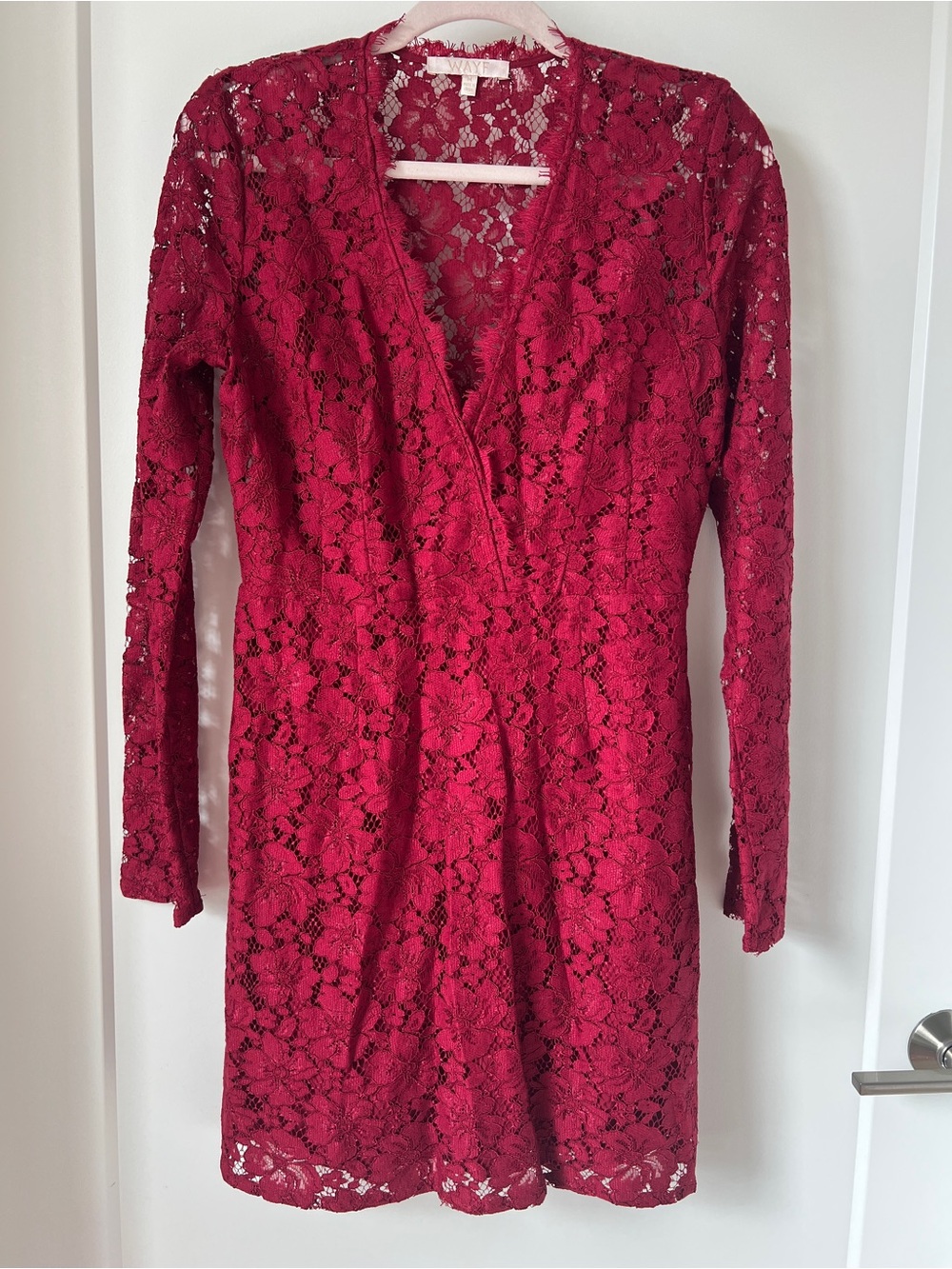 Wayf Women's Long Sleeve Lace V-Neck Dress in Wine Red